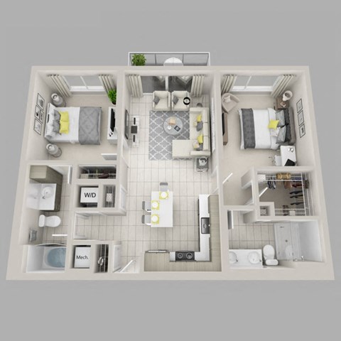 Floor plan for 2 beds, 2 baths, 986 sqft